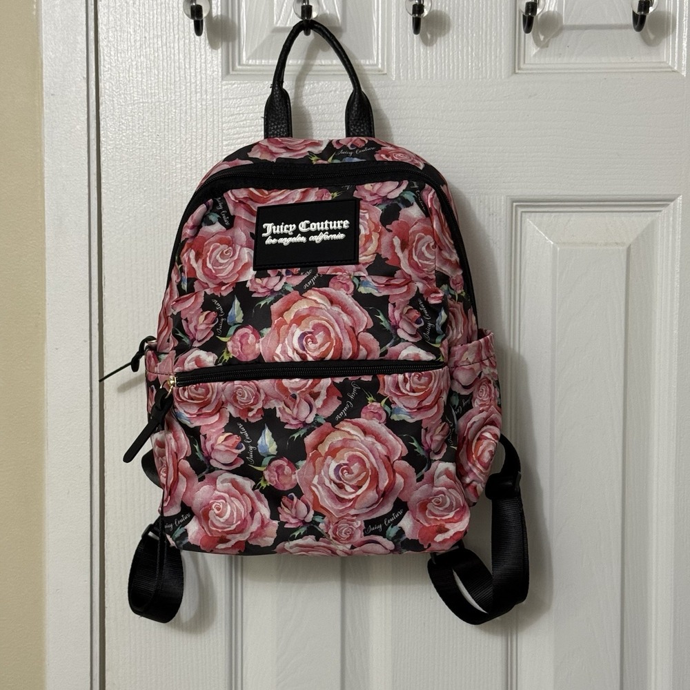 Juicy Couture Mini Backpack Roses Floral Print Black Small Travel Bag Purse Cute